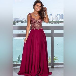 WINE MAXI DRESS WITH JEWEL EMBROIDERED TOP